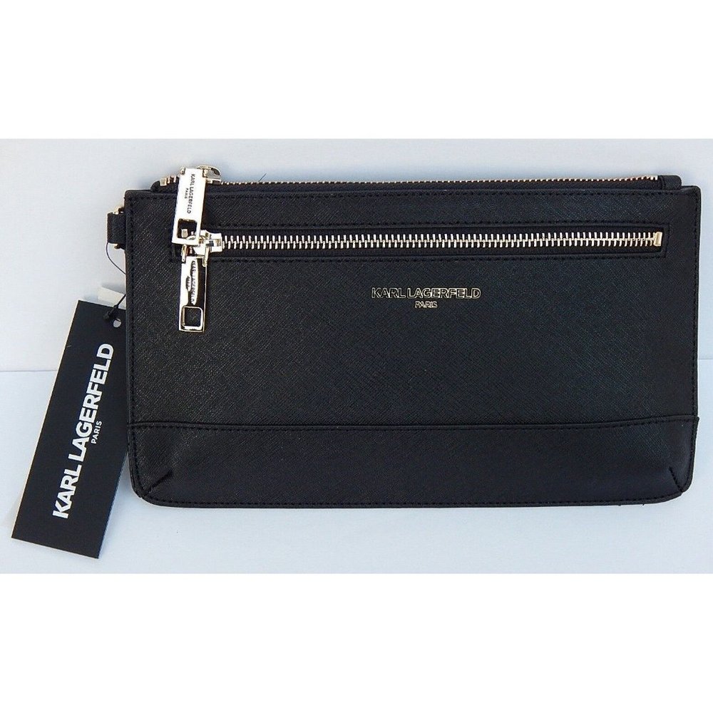 Karl Lagerfeld Paris Double Zip Wallet Wristlet Clutch Black Leather